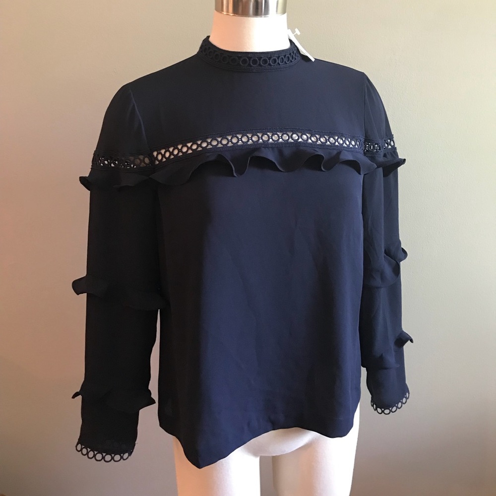 🎀J.CREW🎀 Navy Blue Crochet Ruffle Blouse - Picture 2 of 8